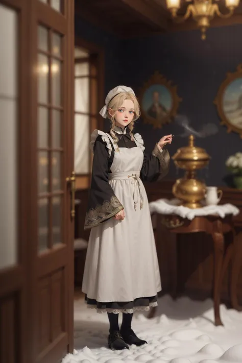 realistic ,Russian Maid (19th Century): A (cute young girl:1.1) with blonde hair, blue eyes, fair skin, tall, wearing a dark-colored dress, often long-sleeved and full-length, combined with a white apron, and occasionally a small cap or headscarf, (stockings:1.1). Amidst the opulence of a Tsarist dacha, with ornate woodwork, rich tapestries, a samovar steaming in the corner, against the backdrop of a snow-covered landscape viewed through a frost-laced window. <lora:tangbohu_blurbg_v2:3> <lora:tangbohu-detailer_1.0:0.5>