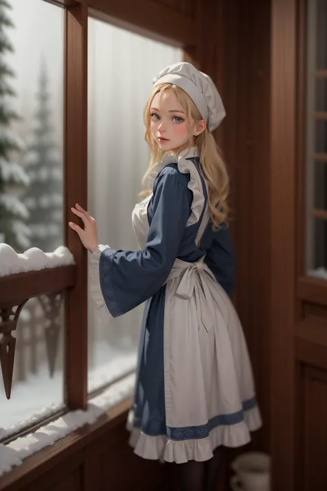 realistic ,Russian Maid (19th Century): A (cute young girl:1.1) with blonde hair, blue eyes, fair skin, tall, wearing a dark-colored dress, often long-sleeved and full-length, combined with a white apron, and occasionally a small cap or headscarf, (stockings:1.1). Amidst the opulence of a Tsarist dacha, with ornate woodwork, rich tapestries, a samovar steaming in the corner, against the backdrop of a snow-covered landscape viewed through a frost-laced window. <lora:tangbohu_blurbg_v2:3> <lora:tangbohu-detailer_1.0:0.5>