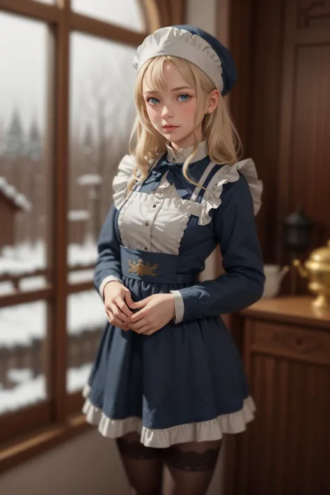 realistic ,Russian Maid (19th Century): A (cute young girl:1.1) with blonde hair, blue eyes, fair skin, tall, wearing a dark-colored dress, often long-sleeved and full-length, combined with a white apron, and occasionally a small cap or headscarf, (stockings:1.1). Amidst the opulence of a Tsarist dacha, with ornate woodwork, rich tapestries, a samovar steaming in the corner, against the backdrop of a snow-covered landscape viewed through a frost-laced window. <lora:tangbohu_blurbg_v2:3> <lora:tangbohu-detailer_1.0:0.5>