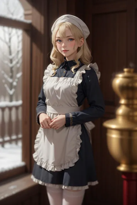 realistic ,Russian Maid (19th Century): A (cute young girl:1.1) with blonde hair, blue eyes, fair skin, tall, wearing a dark-colored dress, often long-sleeved and full-length, combined with a white apron, and occasionally a small cap or headscarf, (stockings:1.1). Amidst the opulence of a Tsarist dacha, with ornate woodwork, rich tapestries, a samovar steaming in the corner, against the backdrop of a snow-covered landscape viewed through a frost-laced window. <lora:tangbohu_blurbg_v2:3> <lora:tangbohu-detailer_1.0:0.5>