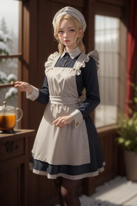 realistic ,Russian Maid (19th Century): A (cute young girl:1.1) with blonde hair, blue eyes, fair skin, tall, wearing a dark-colored dress, often long-sleeved and full-length, combined with a white apron, and occasionally a small cap or headscarf, (stockings:1.1). Amidst the opulence of a Tsarist dacha, with ornate woodwork, rich tapestries, a samovar steaming in the corner, against the backdrop of a snow-covered landscape viewed through a frost-laced window. <lora:tangbohu_blurbg_v2:3> <lora:tangbohu-detailer_1.0:0.5>