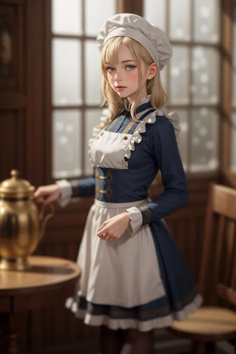 realistic ,Russian Maid (19th Century): A (cute young girl:1.1) with blonde hair, blue eyes, fair skin, tall, wearing a dark-colored dress, often long-sleeved and full-length, combined with a white apron, and occasionally a small cap or headscarf, (stockings:1.1). Amidst the opulence of a Tsarist dacha, with ornate woodwork, rich tapestries, a samovar steaming in the corner, against the backdrop of a snow-covered landscape viewed through a frost-laced window. <lora:tangbohu_blurbg_v2:3> <lora:tangbohu-detailer_1.0:0.5>