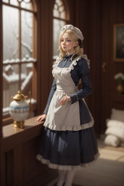 realistic ,Russian Maid (19th Century): A (cute young girl:1.1) with blonde hair, blue eyes, fair skin, tall, wearing a dark-colored dress, often long-sleeved and full-length, combined with a white apron, and occasionally a small cap or headscarf, (stockings:1.1). Amidst the opulence of a Tsarist dacha, with ornate woodwork, rich tapestries, a samovar steaming in the corner, against the backdrop of a snow-covered landscape viewed through a frost-laced window. <lora:tangbohu_blurbg_v2:3> <lora:tangbohu-detailer_1.0:0.5>