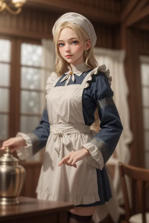 realistic ,Russian Maid (19th Century): A (cute young girl:1.1) with blonde hair, blue eyes, fair skin, tall, wearing a dark-colored dress, often long-sleeved and full-length, combined with a white apron, and occasionally a small cap or headscarf, (stockings:1.1). Amidst the opulence of a Tsarist dacha, with ornate woodwork, rich tapestries, a samovar steaming in the corner, against the backdrop of a snow-covered landscape viewed through a frost-laced window. <lora:tangbohu_blurbg_v2:3> <lora:tangbohu-detailer_1.0:0.5>