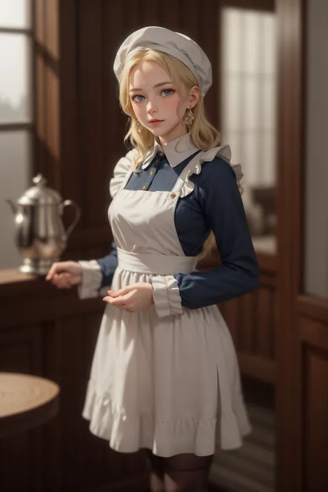 realistic ,Russian Maid (19th Century): A (cute young girl:1.1) with blonde hair, blue eyes, fair skin, tall, wearing a dark-colored dress, often long-sleeved and full-length, combined with a white apron, and occasionally a small cap or headscarf, (stockings:1.1). Amidst the opulence of a Tsarist dacha, with ornate woodwork, rich tapestries, a samovar steaming in the corner, against the backdrop of a snow-covered landscape viewed through a frost-laced window. <lora:tangbohu_blurbg_v2:3> <lora:tangbohu-detailer_1.0:0.5>