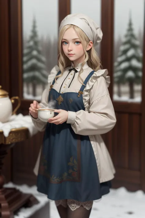 realistic ,Russian Maid (19th Century): A (cute young girl:1.1) with blonde hair, blue eyes, fair skin, tall, wearing a dark-colored dress, often long-sleeved and full-length, combined with a white apron, and occasionally a small cap or headscarf, (stockings:1.1). Amidst the opulence of a Tsarist dacha, with ornate woodwork, rich tapestries, a samovar steaming in the corner, against the backdrop of a snow-covered landscape viewed through a frost-laced window. <lora:tangbohu_blurbg_v2:3> <lora:tangbohu-detailer_1.0:0.5>