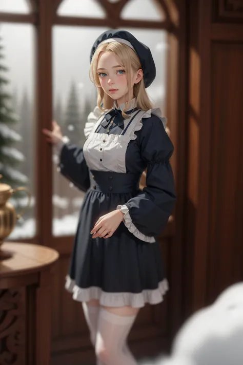 realistic ,Russian Maid (19th Century): A (cute young girl:1.1) with blonde hair, blue eyes, fair skin, tall, wearing a dark-colored dress, often long-sleeved and full-length, combined with a white apron, and occasionally a small cap or headscarf, (stockings:1.1). Amidst the opulence of a Tsarist dacha, with ornate woodwork, rich tapestries, a samovar steaming in the corner, against the backdrop of a snow-covered landscape viewed through a frost-laced window. <lora:tangbohu_blurbg_v2:3> <lora:tangbohu-detailer_1.0:0.5>