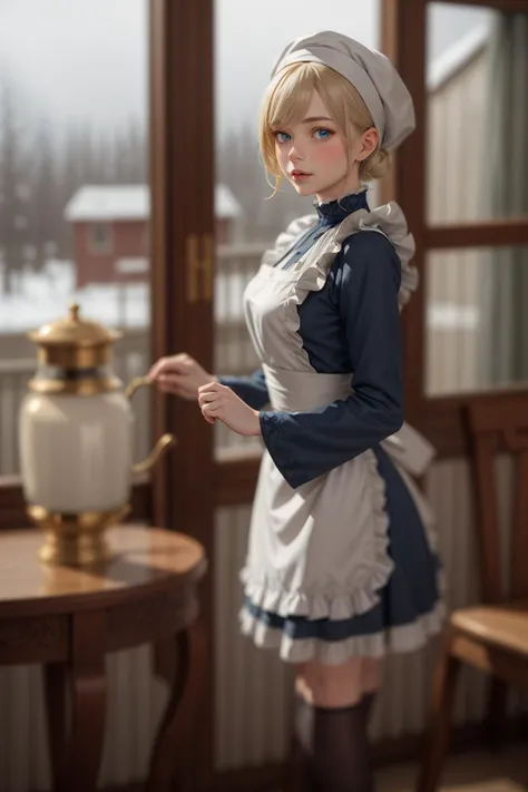 realistic ,Russian Maid (19th Century): A (cute young girl:1.1) with blonde hair, blue eyes, fair skin, tall, wearing a dark-colored dress, often long-sleeved and full-length, combined with a white apron, and occasionally a small cap or headscarf, (stockings:1.1). Amidst the opulence of a Tsarist dacha, with ornate woodwork, rich tapestries, a samovar steaming in the corner, against the backdrop of a snow-covered landscape viewed through a frost-laced window. <lora:tangbohu_blurbg_v2:3> <lora:tangbohu-detailer_1.0:0.5>