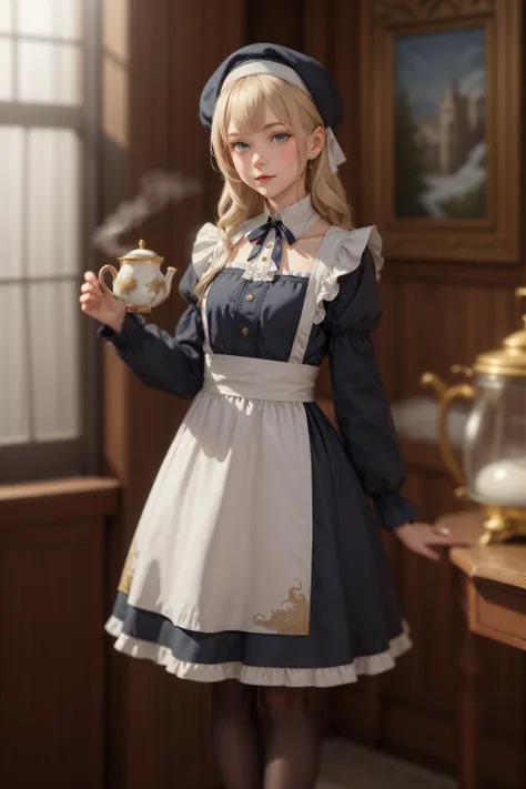 realistic ,Russian Maid (19th Century): A (cute young girl:1.1) with blonde hair, blue eyes, fair skin, tall, wearing a dark-colored dress, often long-sleeved and full-length, combined with a white apron, and occasionally a small cap or headscarf, (stockings:1.1). Amidst the opulence of a Tsarist dacha, with ornate woodwork, rich tapestries, a samovar steaming in the corner, against the backdrop of a snow-covered landscape viewed through a frost-laced window. <lora:tangbohu_blurbg_v2:3> <lora:tangbohu-detailer_1.0:0.5>