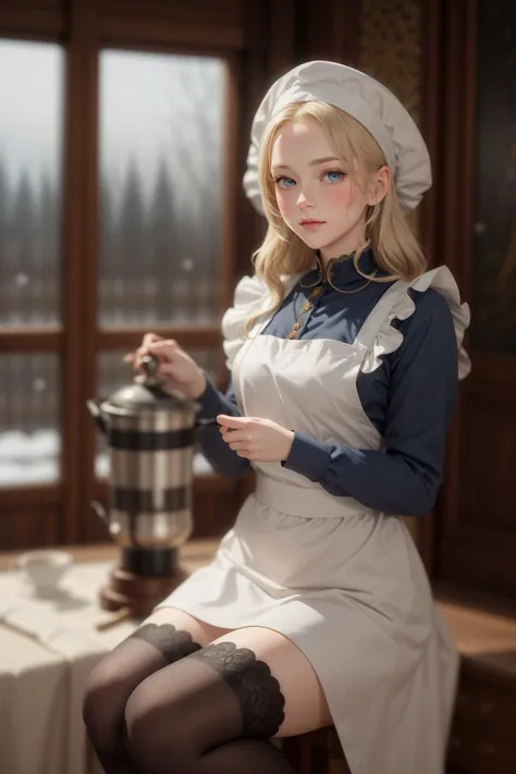 realistic ,Russian Maid (19th Century): A (cute young girl:1.1) with blonde hair, blue eyes, fair skin, tall, wearing a dark-colored dress, often long-sleeved and full-length, combined with a white apron, and occasionally a small cap or headscarf, (stockings:1.1). Amidst the opulence of a Tsarist dacha, with ornate woodwork, rich tapestries, a samovar steaming in the corner, against the backdrop of a snow-covered landscape viewed through a frost-laced window. <lora:tangbohu_blurbg_v2:3> <lora:tangbohu-detailer_1.0:0.5>