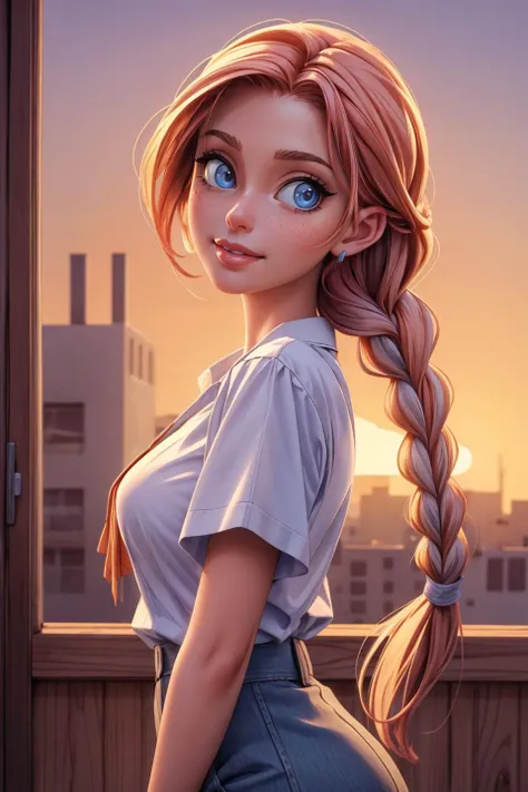 hair in braids, looking at viewer, (smile:0.1), bright detailed sparkling eyes, BREAK (masterpiece:1.3), best quality, high resolution, unity 8k wallpaper, (illustration:1), perfect lighting, photo_\(medium\), photorealistic BREAK dust, sunrise, hyper-detailed, hyper-realism <lora:add_detail:1>