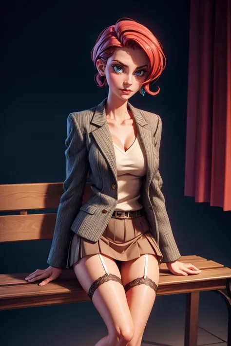 bench, fishnet stockings, garter belt, high heels, shiny skin, candlelight lighting BREAK cinematic, dramatic atmosphere, dramatic lighting, Super fit naked mature woman wearing knitted short skirt and a blazer in a vibrant pattern, anorexic, skinny, slim, slender, trim BREAK highly detailed, (intricate:1.18), sharp focus <lora:add_detail:1>