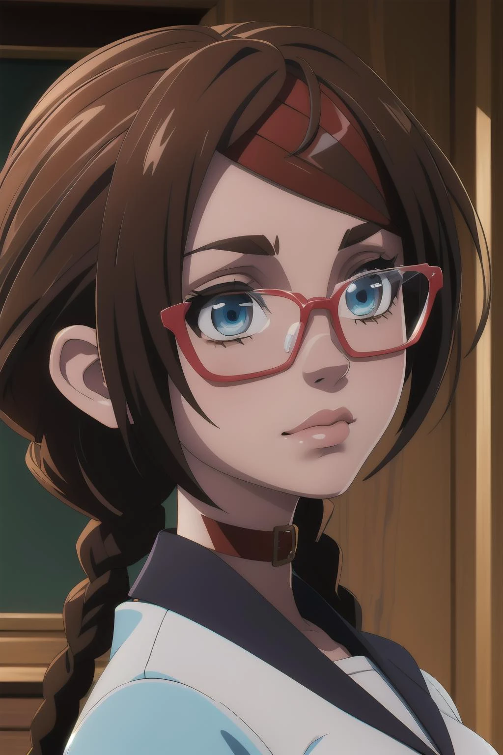 1girl, (masterpice), high quality, best quality, high detailed, nice face, perfect eyes, 4k, cg, unity, unreal engine, <lora:misaki_sakimiya:0.8>, misaki, school uniform, glasses, twin braids, collar, hair ornament, room, dynamic view