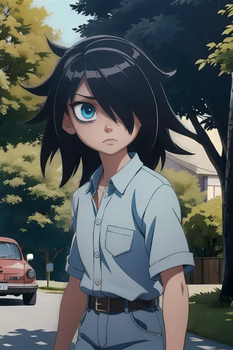 1girl, (masterpice), high quality, best quality, high detailed, nice face, perfect eyes, 4k, cg, unity, unreal engine,  <lora:tomoko_kuroki:0.8>, hair over in one eye, bags under eyes, watamote, tomoki, street, trees, cars, people, walking,