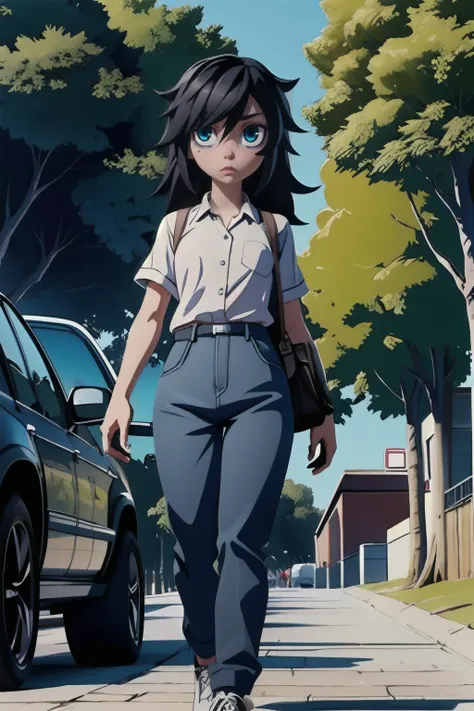 1girl, (masterpice), high quality, best quality, high detailed, nice face, perfect eyes, 4k, cg, unity, unreal engine,  <lora:tomoko_kuroki:0.8>, hair over in one eye, bags under eyes, watamote, tomoki, street, trees, cars, people, walking, 3D, CGI