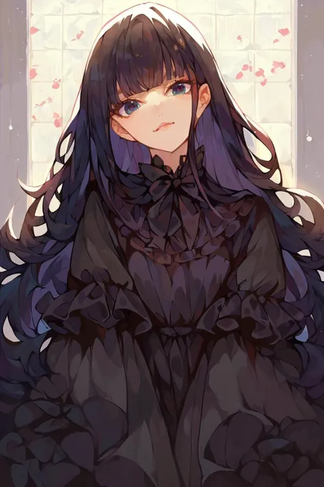 score_9, score_8_up, score_7_up, score_6_up, score_5_up, score_4_up, 1girl, bangs, black bow, black eyes, black hair, black shirt, tiled wall, low lighting, frilled sleeves, long hair,  looking at viewer, silk, solo, <lora:kaoming_Style_LoRA_PonySDXL:0.9>