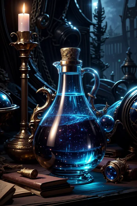 <lora:add_detail:1.0> <lyco:potion_craft:1.0> a vial filled with the "essence of cosmic stardust," capturing the ephemeral beauty of distant galaxies, the flask's surface is adorned with glistening stardust motifs, and the potion itself gleams like a cascade of celestial wonders, sipping from this elixir takes one on a journey through the vast expanse of the cosmos, revealing the wonders of the universe, (style of wlop:1.4), (masterpiece, best quality, official art, famous artwork, golden ratio, mystical ambience, epic composition:1.2)