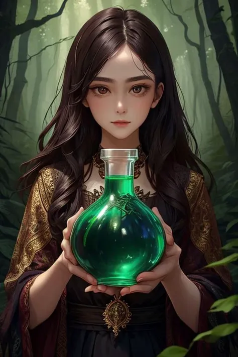 woman in a mythical forest, masterpiece, perfect face, intricate details, horror theme <lora:Potion Craft_1069016:1> potion