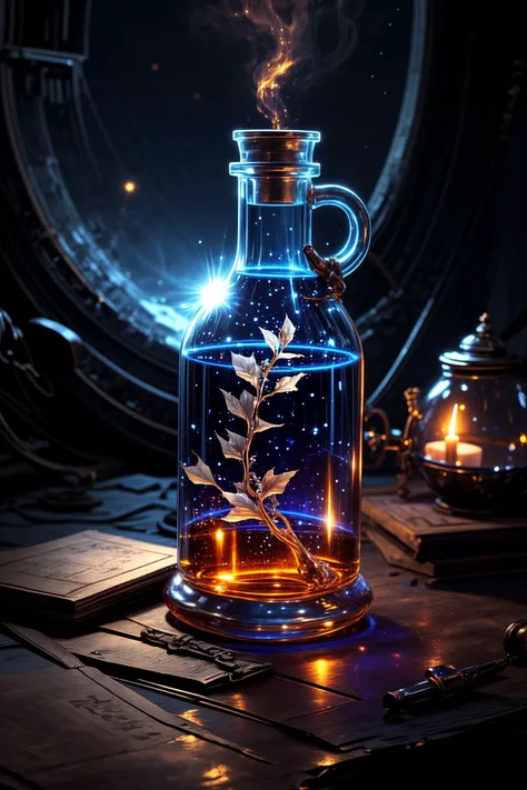 <lora:add_detail:1.0> <lyco:potion_craft:1.0> a vial filled with the "essence of cosmic stardust," capturing the ephemeral beauty of distant galaxies, the flask's surface is adorned with glistening stardust motifs, and the potion itself gleams like a cascade of celestial wonders, sipping from this elixir takes one on a journey through the vast expanse of the cosmos, revealing the wonders of the universe, (style of hayao miyazaki:1.4), (masterpiece, best quality, official art, famous artwork, golden ratio, mystical ambience, epic composition:1.2)