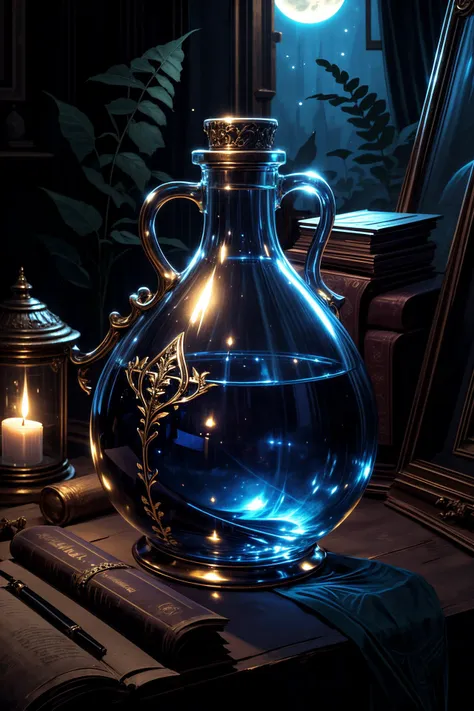 <lora:add_detail:1.0> <lyco:potion_craft:1.0> an alchemical concoction named "moonstone melody brew," stored in a delicate vial adorned with moonstone inlays that reflect the moon's phases, the potion's luminous radiance creates a soothing ambiance, akin to the gentle glow of moonlight on a calm, nocturnal sea, (style of gerald brom:1.4), (masterpiece, best quality, official art, famous artwork, golden ratio, mystical ambience, epic composition:1.2)