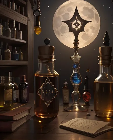 <lora:Detailed Interior Style SDXL v1:0.71> mystical artifact, spark, gunpowder, poison, magnets, vials, meticulously arranged, manuscript, glowing magical runes, intriguing presence, technology, alchemy laboratory in background, magical fantasy atmosphere, ethereal ambience, moonlight <lora:Potion Craft_1069016:0.38>