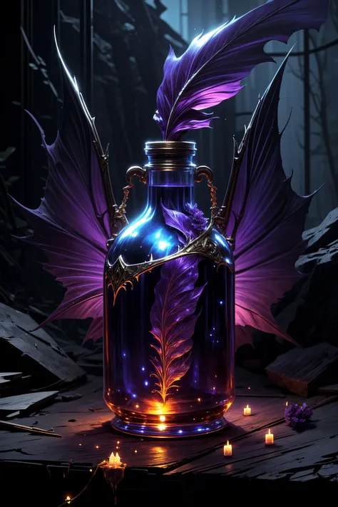 <lora:add_detail:1.0> <lyco:potion_craft:1.0> a vial of "ethereal elixir of twilight," encased in a delicately sculpted glass container that resembles the wings of a mythical creature, the potion's mesmerizing glow shifts from soft lavender to deep indigo, reflecting the colors of a twilight sky, sipping this elixir bestows visions of dreamscapes where the veil between reality and fantasy is thin, (style of wlop:1.4), (masterpiece, best quality, official art, famous artwork, golden ratio, mystical ambience, epic composition:1.2)