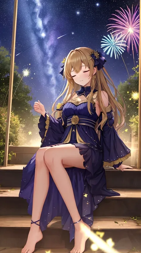 a woman in a dress is sitting on a set of stairs in the woods with her eyes closed and her hands on her hips, Dirk Crabeth, fashion photography, a portrait, pre-raphaelitism, 1girl, aerial_fireworks, aurora, barefoot, city_lights, constellation, earth_\(planet\), fireflies, fireworks, galaxy, light_particles, milky_way, night, night_sky, planet, shooting_star, sky, solo, space, star_\(sky\), starry_sky, starry_sky_print, tanabata