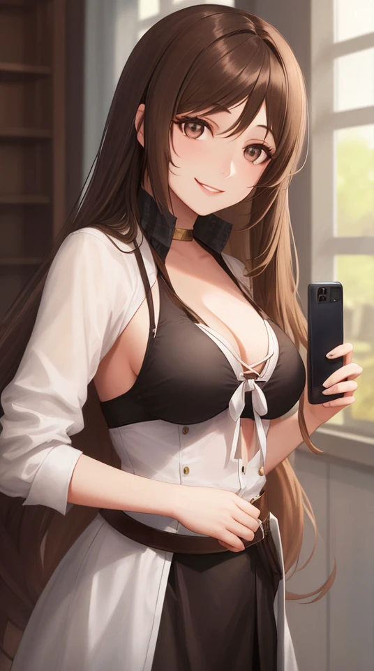 a woman with long hair is posing for a picture with a cell phone in her hand and a smile on her face, Eszter Mattioni, long dark hair, a character portrait, american barbizon school, 1girl, breasts, brown_eyes, brown_hair, cleavage, lips, long_hair, looking_at_viewer, medium_breasts, nose, photo_\(medium\), photorealistic, realistic, smile, solo, upper_body