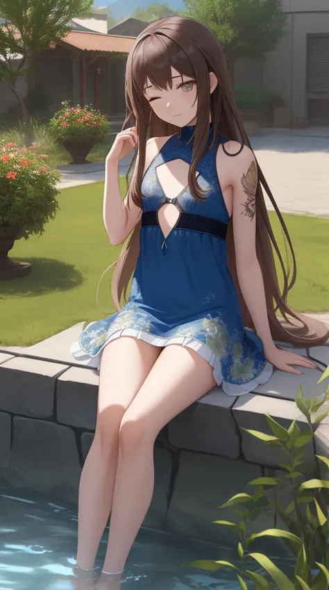 a woman laying on a rock in a pool of water with her eyes closed, Aramenta Dianthe Vail, sun, a tattoo, arabesque, 1girl, 3d, barefoot, blue_dress, brown_hair, building, bush, city, cityscape, crossed_legs, day, dress, feet, floral_print, grass, house, jewelry, long_hair, outdoors, photo_\(medium\), photo_background, photorealistic, plant, road, scenery, sitting, solo, street, tree,
beautiful detailed glow, detailed, Cinematic light, intricate detail, highres, detailed facial features, high detail, sharp focus, smooth, aesthetic, extremely detailed, octane render, artgerm style, (small chest:1.2), skinny body,