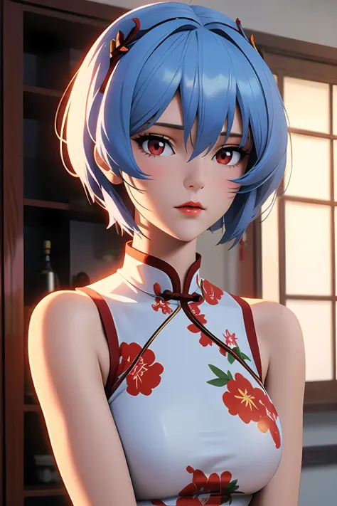 i want the whole image to be created in 3D anime style, 1girl, solo, breasts, looking at viewer, short hair, bangs, red eyes, dress, hair between eyes, bare shoulders, medium breasts, closed mouth, blue hair, upper body, sleeveless, white dress, lips, bare arms, makeup, sleeveless dress, expressionless, chinese clothes, floral print, china dress, red lips, print dress, ayanami rei