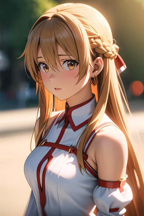 i want the whole image to be created in 3D anime style, 1girl, solo, long hair, breasts, looking at viewer, bangs, blonde hair, dress, hair between eyes, bare shoulders, brown eyes, jewelry, medium breasts, very long hair, closed mouth, upper body, braid, earrings, detached sleeves, white dress, blurry, lips, detached collar, depth of field, blurry background, realistic, asuna (sao)