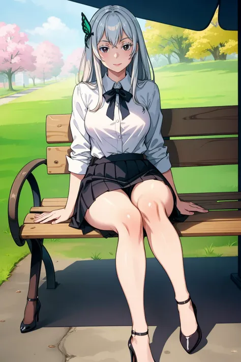 at a park bench, shaded spot, scenic view, relaxation, 1girl, def1, medium breasts, office outfit, white shirt, black skirt, heels, <lora:echidna2:1.0>, <lora:add_detail:0.3>