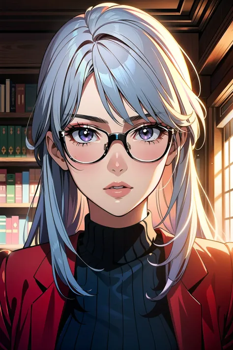 Masterpiece, best quality, intricate details, realistic, eyeshadow, lipstick, beautiful woman with pastel hair, sexy librarian, black turtleneck sweater, portrait, closeup, library, walls of books