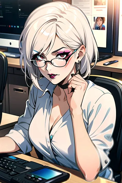 Masterpiece, Intricately detailed, beautiful woman sitting at a desk working in an office, medium length hair, round glasses, (white blouse) , cleavage, desk, , keyboard , manicure, perfect hands, vibrant colors, ((eyeshadow, eyeliner, black lipstick, white hair,)) goth, makeup, , realistic, realistic skin, high skin detail, photorealistic, , photographed on a Sony a9 II Mirrorless Camera, (highly detailed:1.2), (sharp focus) bokeh