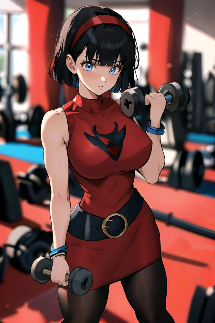 masterpiece, 4k, detailed, best quality, 1girl, VidelDress, blue eyes, black hair, hairband, short hair, red hairband, bangs, sleeveless, dress, jewelry, belt, red dress, bracelet, breasts, pantyhose, black pantyhose, bare shoulders, sleeveless dress, blunt bangs, interior, dumbbell, gym