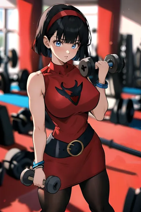 masterpiece, 4k, detailed, best quality,  1girl, VidelDress, blue eyes, black hair, hairband, short hair, red hairband, bangs, sleeveless, dress, jewelry, belt, red dress, bracelet, breasts, pantyhose, black pantyhose, bare shoulders, sleeveless dress, blunt bangs, interior, dumbbell, gym