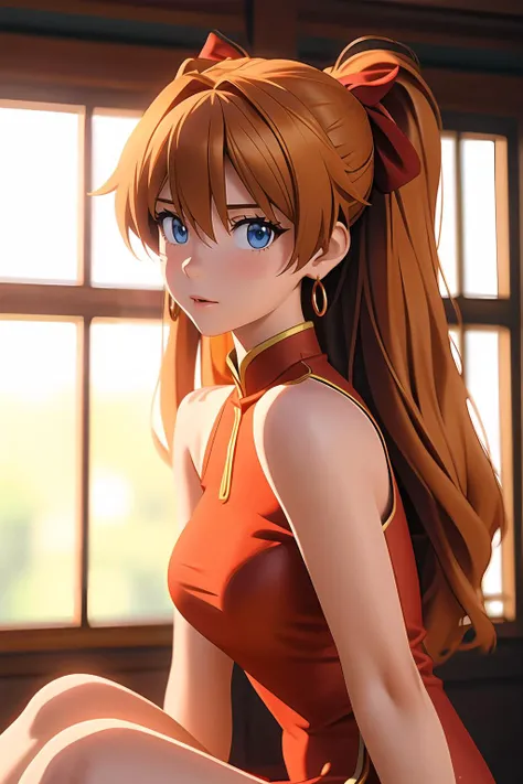 i want the whole image to be created in 3D anime style, 1girl, solo, long hair, breasts, looking at viewer, bangs, blue eyes, brown hair, dress, ribbon, hair between eyes, bare shoulders, jewelry, medium breasts, sitting, closed mouth, earrings, sleeveless, orange hair, blurry, lips, sleeveless dress, chinese clothes, red dress, china dress, hoop earrings, souryuu asuka langley