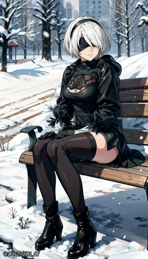 1girl, YoRHa No.2 Type B, 2B Nier Automata, beautiful hands, perfect hands, mature woman, perfect female body, ultra detailed 8k cg, full body, white hair, short hair, slight smile,
black blindfold, Warm clothes, down jacket, down jacket for a girl, Girl in warm clothes, winter clothes, black jacket, Black skirt, long skirt, knee length skirt,
<lora:y2b_v2-1:0.7>, <lora:add_detail:1>, <lora:easynegative:1>,
Winter, snowfall, snow, white snow, snow falling, cold, sitting, bench, sitting on a bench,
