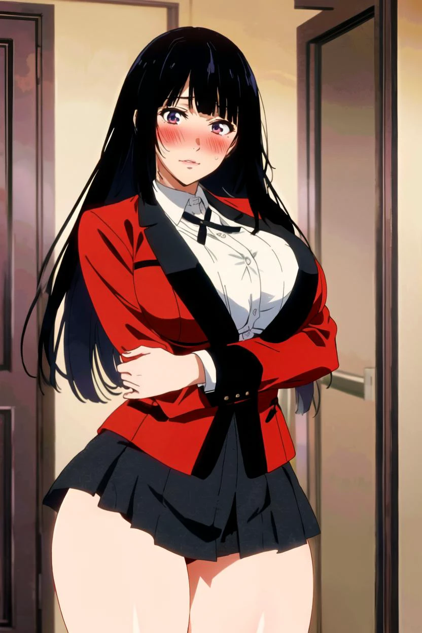 masterpiece, 4k, detailed, best quality, cowboy shot, 1girl, yumekojabami, blush, school uniform, big breasts, thighs,