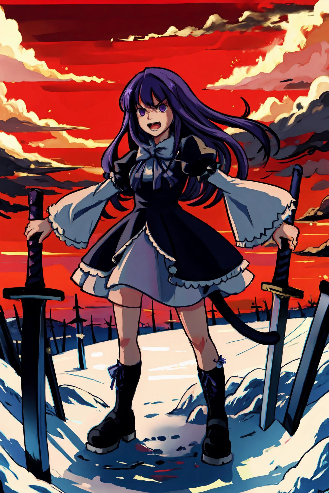 (masterpiece),best quality, <lora:Bernkastel:0.85>, frederica bernkastel, dress,cat tail, tail bow, tail ornament, purple hair, , angry, open mouth, crazy face, <lora:ubw:0.8> , solo, planted, planted sword, holding sword, snow, red sky, weapons, snow, shooting stars,