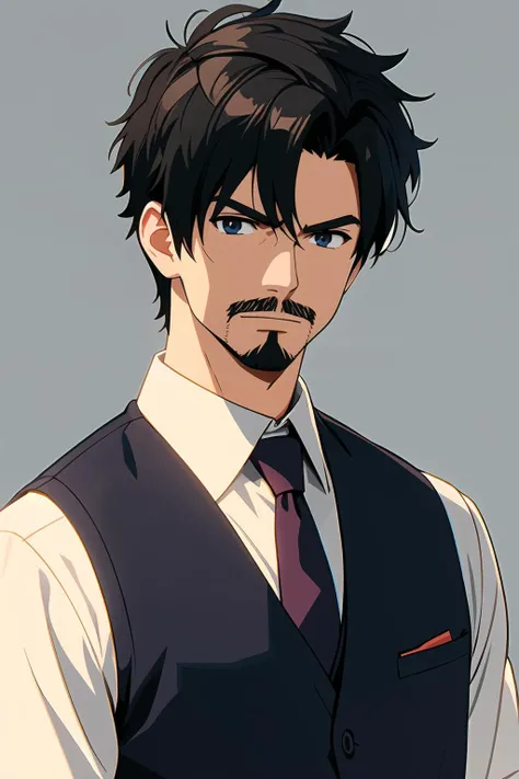 i want the whole image to be created in 3D anime style, solo, looking at viewer, simple background, shirt, black hair, 1boy, upper body, male focus, necktie, collared shirt, vest, facial hair, sleeves rolled up, realistic, manly, undercut