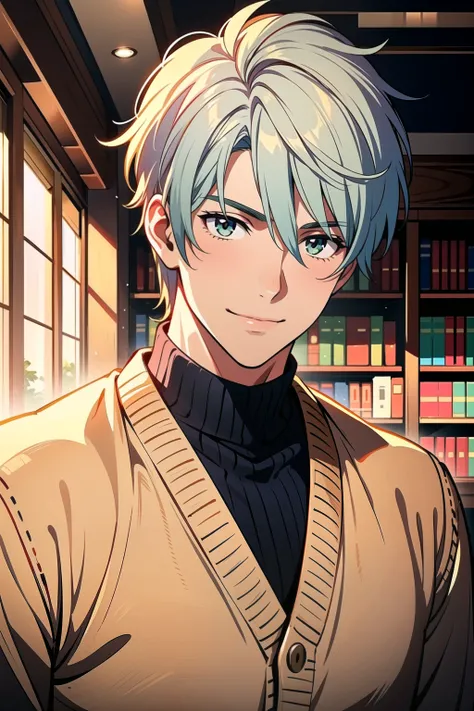 Masterpiece, best quality, intricate details, realistic, handsome male with pastel hair, pastel hair, handsome librarian, black turtleneck sweater, white cardigan, portrait, closeup, library, walls of books, solo male, male focus, gentle smile, masculine, strong jaw, ,