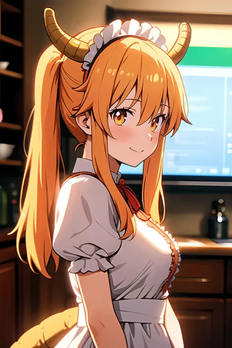 i want the whole image to be created in 3D anime style, 1girl, solo, long hair, breasts, looking at viewer, blush, smile, bangs, blonde hair, large breasts, shirt, gloves, ribbon, hair between eyes, twintails, closed mouth, tail, white shirt, upper body, short sleeves, frills, horns, puffy sleeves, white gloves, orange hair, blurry, from side, puffy short sleeves, orange eyes, looking to the side, maid, maid headdress, blurry background, slit pupils, frilled sleeves, dragon horns, dragon girl, dragon tail, scales, tohru (maidragon)