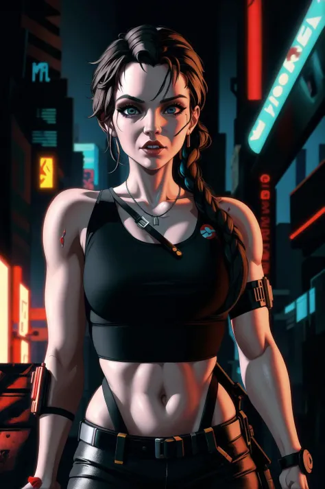 Lara Croft, 1girl, solo, reimagining in a cyberpunk universe, cyberpunk style, beautiful 8k, masterpiece, best quality, high quality, absurdres