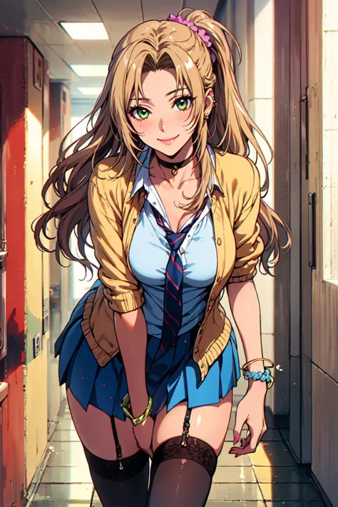 (ultra high res, ultra detailed, high resolution, highly detailed, 4k, 8k), (((edgQuality))), (kogal gyaru), aerith gainsborough, smiley face, grin, giggling, ((tan skin)), high school, hallway, cowboy shot, painted nails, piercings, scrunchie, big hair, side ponytail, streaked hair, bleach blonde hair, choker, jewelry, bracelet, makeup, (school uniform), yellow cardigan, white shirt, loose necktie, pleated skirt, thigh highs, medium breasts, suggestive poses, sexually suggestive, zettai ryouiki, <lora:kogal_gyaru-1.0:1>, <lora:aerith_v2:0.35>