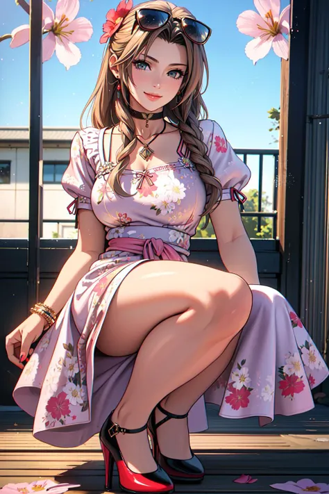 high-definition image, eyes realistic sizing, realistic skin, drooping eyes, smiling, various patterned feminine casual dress, swollen areolas, oil painting, focus on her genital and pubic hair, (sitting on the small wall and spread legs, self pleasure, highly detailed realistic texture genital), strong sunlight, braid, old fashion, leaning forward, skyscrapers,