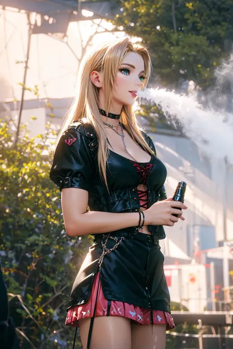 ((Masterpiece, best quality,edgQuality)),
smiling,excited,(medium boobs, cleavage),
edgPastelGoth, blonde, pink outfit, chain skirt ,wearing edgPastelGoth
<lora:edgPastelGothFashionv1:0.9>
aerith gainsborough, green eyes, choker, vaping, vapingnation, smoke, smoking, holding, <lora:aerith_v2:0.4>, <lora:VapingNation:0.5>