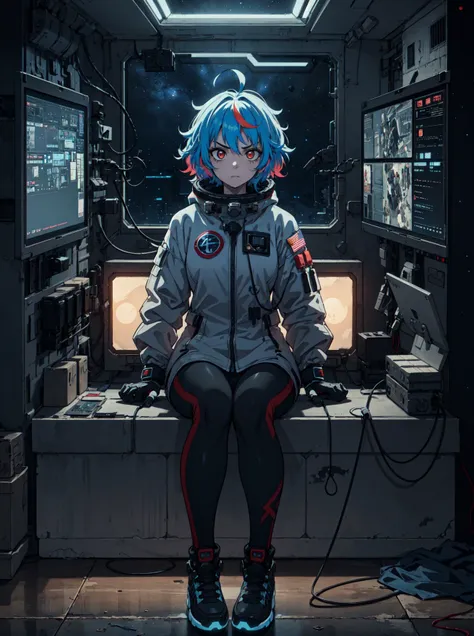 girl, extremely detailed, sitting, menacing, (grainy:0.5), melancholy, window, space station, multicolored lights, blue messy hair, dark, extremely detailed high quality clothing, full body clothing, lights on clothing, 4k, 8k uhd