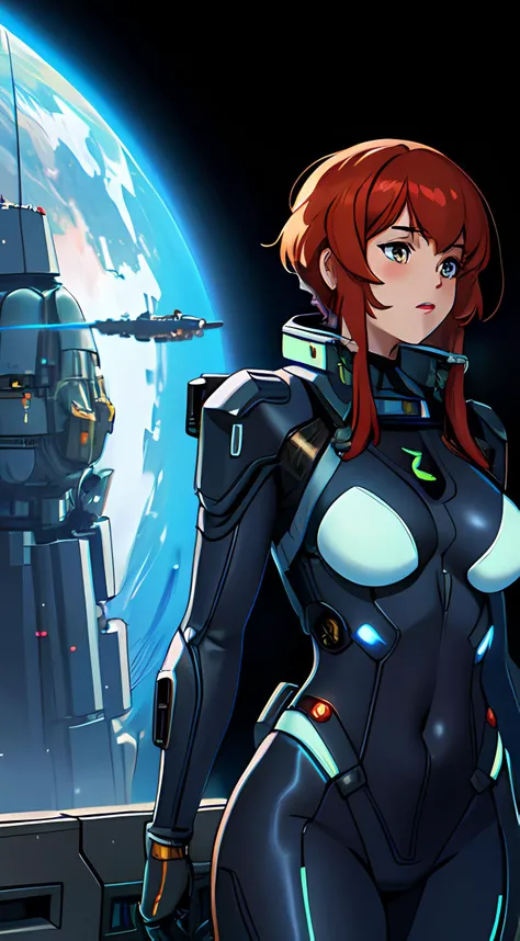 woman, mechanical scifi bodysuit, spacecraft, intricate, romanticism,