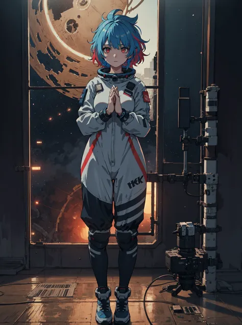 girl, extremely detailed, (grainy:0.5), melancholy, window, space station, multicolored lights, blue messy hair, dark, hands crossed, extremely detailed high quality clothing, full body clothing, lights on clothing,, expressionless, 4k, 8k uhd